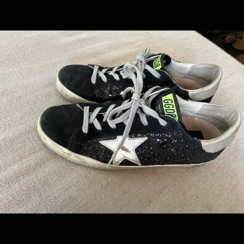 Golden Goose size 39 Black glitter and suede with silver star.